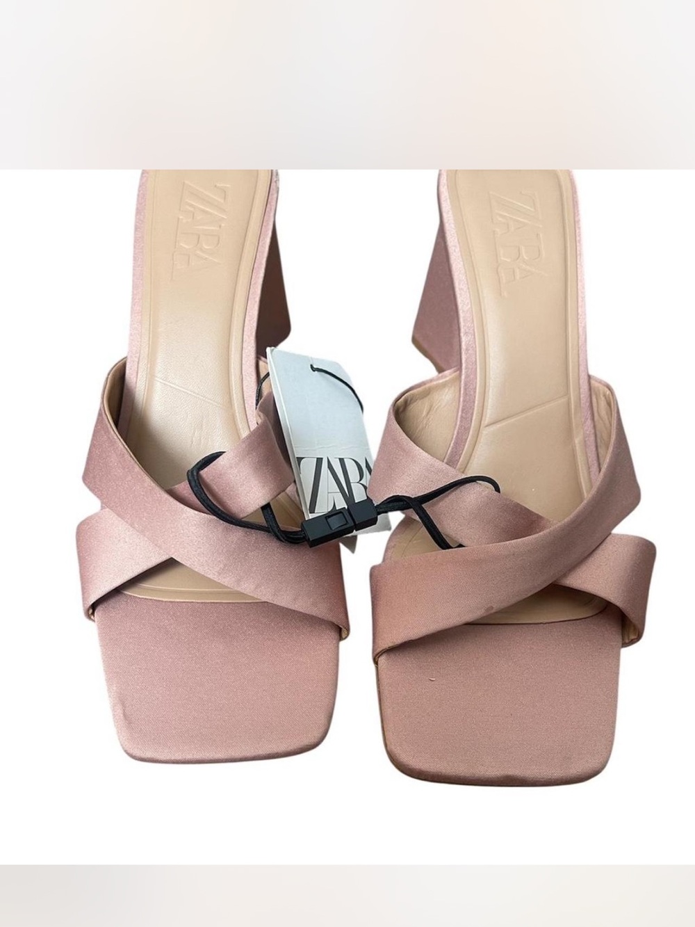 Zara Dusty Pink Satin Crisscross Block Heel Sandals